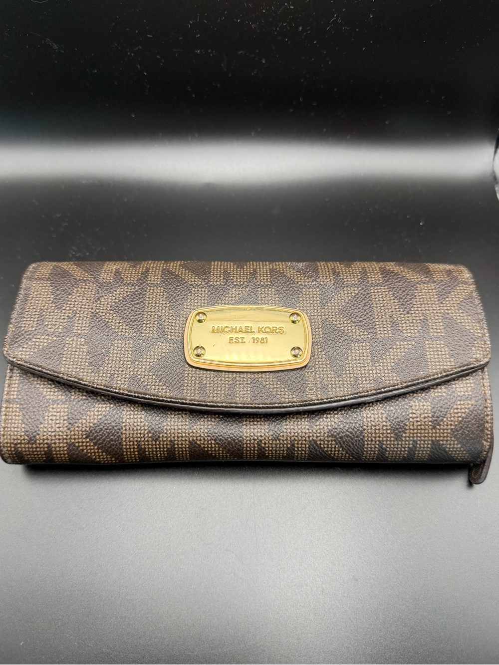 Michael Kors Brown Logo Zip Continental Wallet with Gold Plate